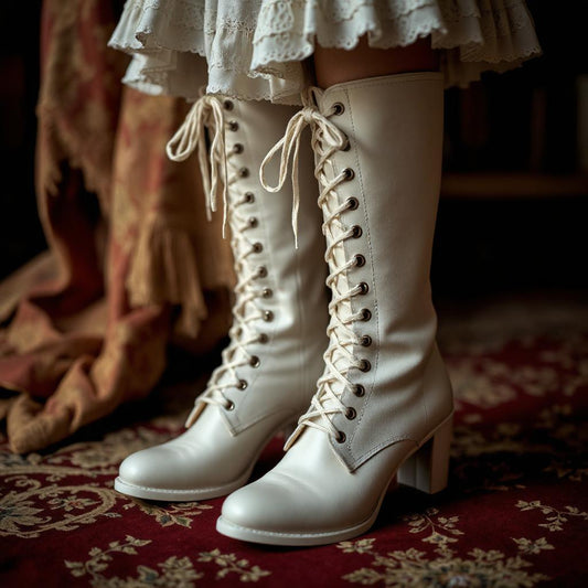 Tall white Victorian boots with block heel and front laces, placed on a patterned red carpet