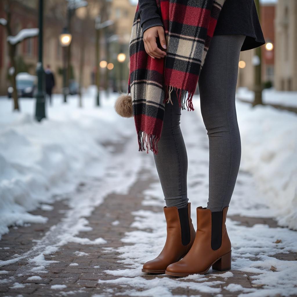 Woman wearing brown block-heeled Chelsea boots with gray skinny pants and red-black plaid scarf, walking on a snowy street.