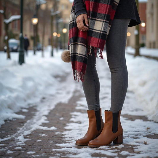 Woman wearing brown block-heeled Chelsea boots with gray skinny pants and red-black plaid scarf, walking on a snowy street.