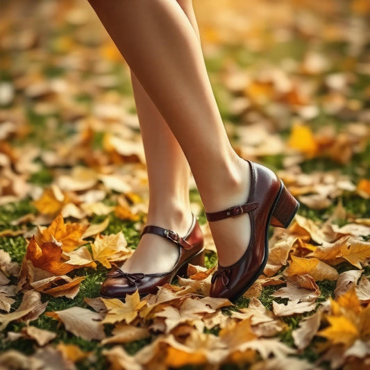 Burgundy Mary Jane shoes with low heels, round toes, and front bow detail, worn among autumn leaves on green grass