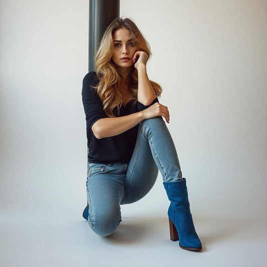 Model wearing blue pointed-toe high-heeled ankle boots with skinny jeans and black top in indoor photoshoot