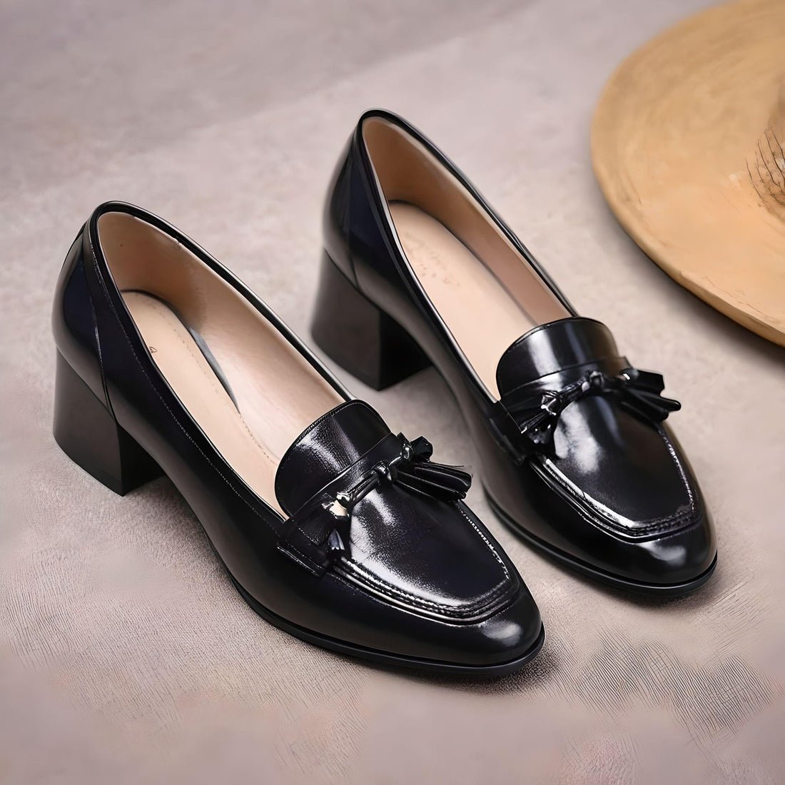 Women’s high-heel loafers in glossy black leather with stylish front tassels