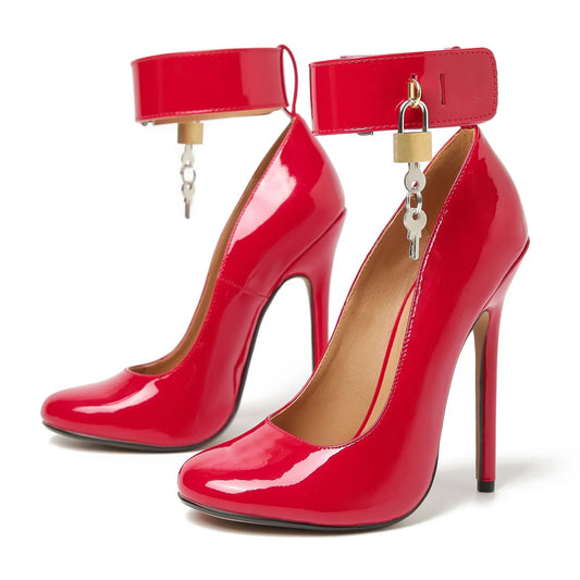 Women's glossy red high heels with ankle strap featuring a lock and key, bold and unique design