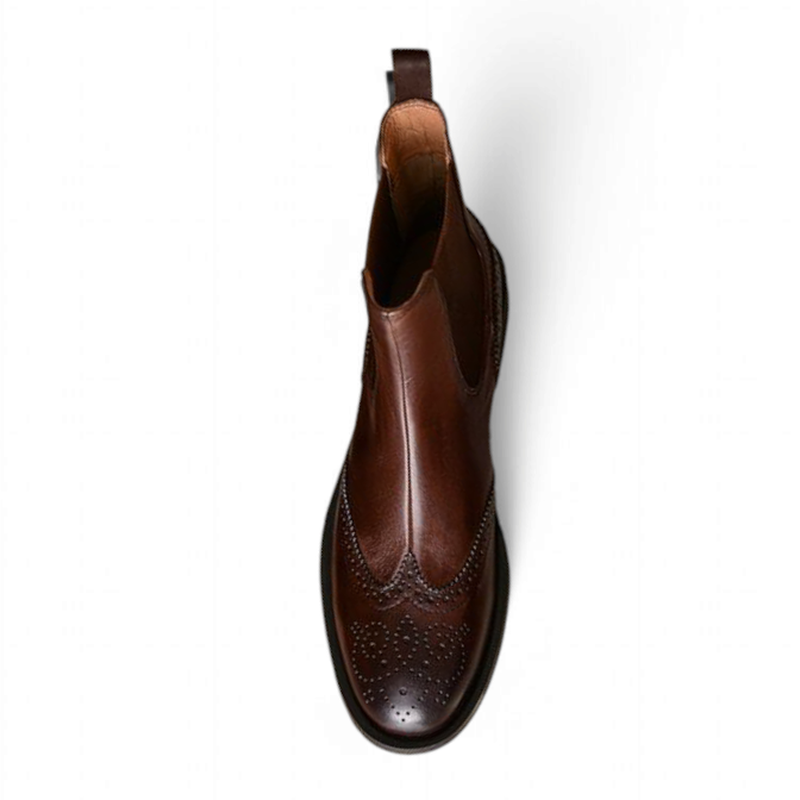 Single brown boot top-down view highlighting toe stitching detail