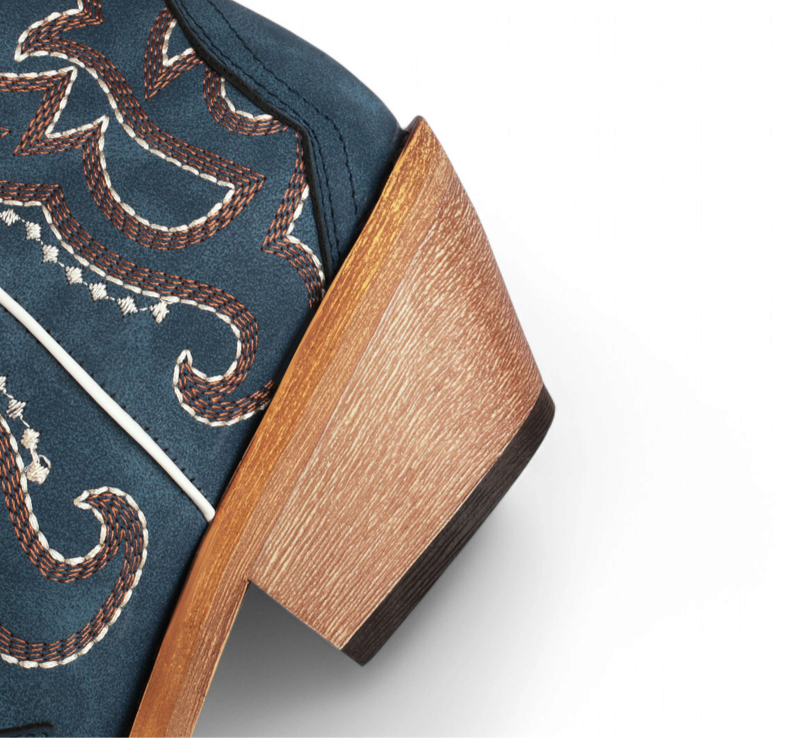 Detailed view of textured wooden heel with a dark rubber cap.

