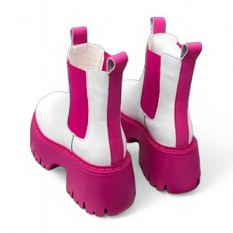 Rear angle of the white Sara Chelsea boots with pink chunky soles and pink pull tabs.