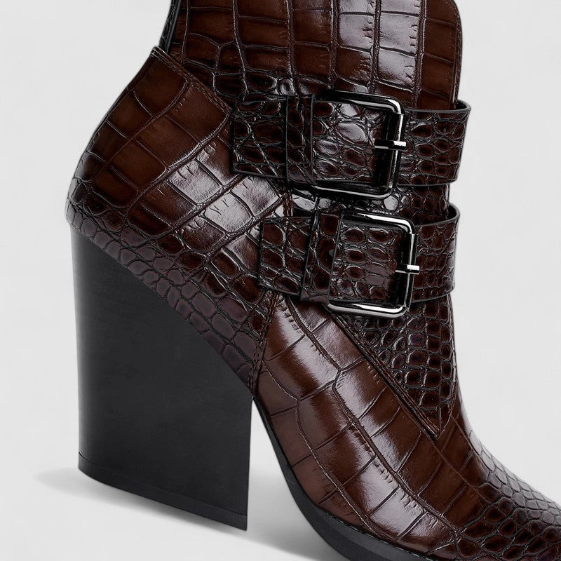 Close-up side view showing dual buckles and polished croc pattern