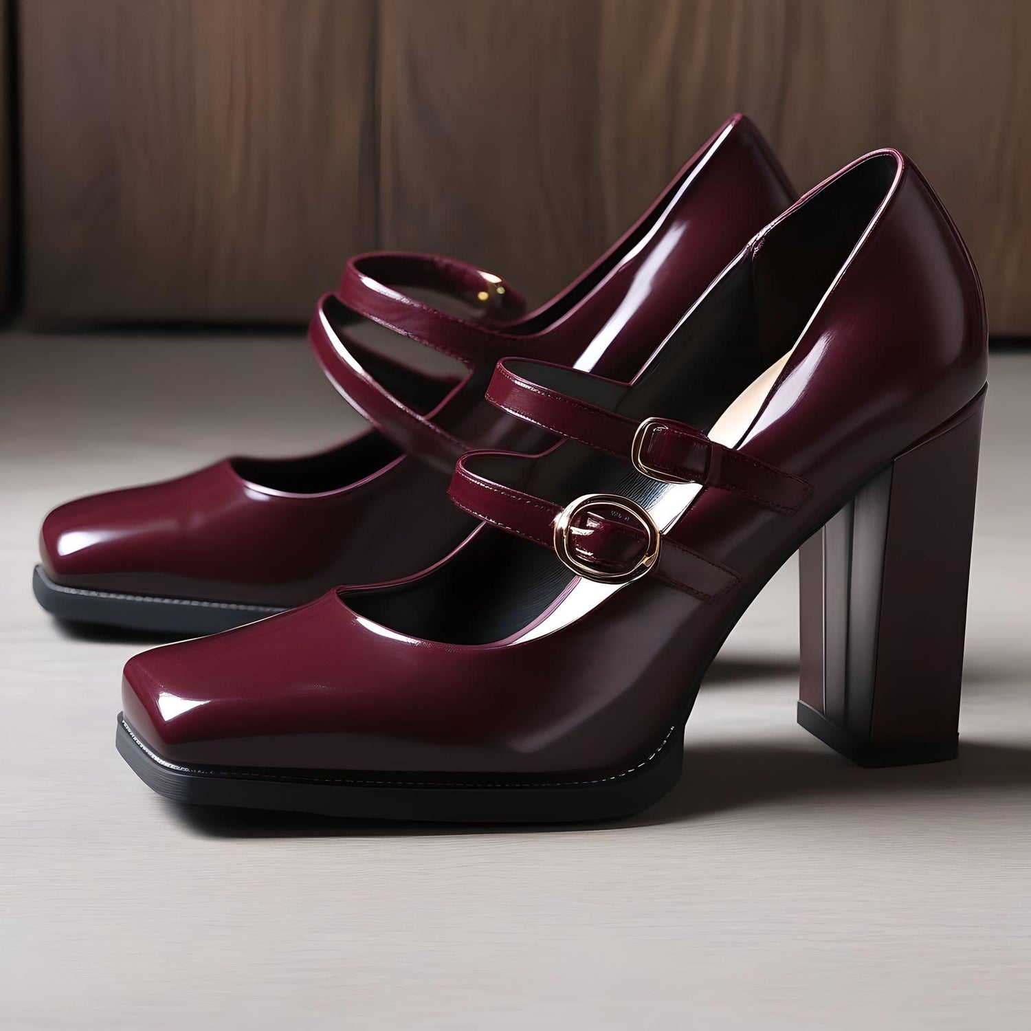A pair of glossy burgundy Mary Jane pumps with a square toe, high block heel, two straps with round gold buckles, and a black sole with a visible welt, set against a wood-like neutral background.