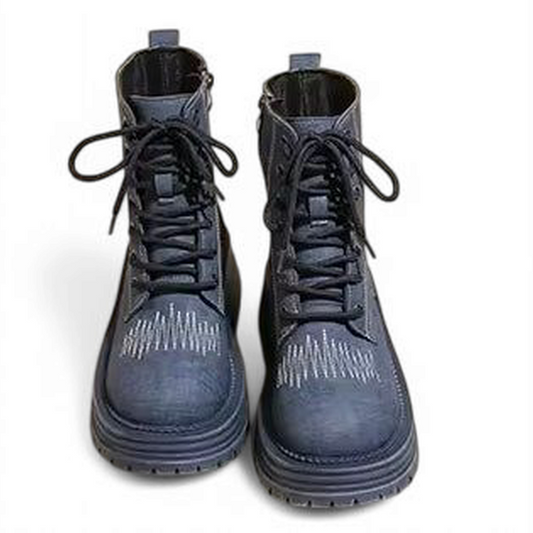 blue denim boots front-facing, laces tied; embroidery on toes.