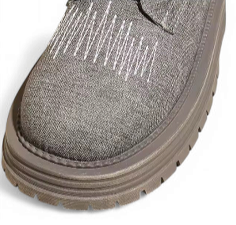Rounded denim toe with zig-zag embroidery and chunky treaded sole.	