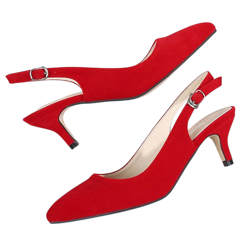Pair of red pointed-toe slingback pumps with kitten heels, static side view