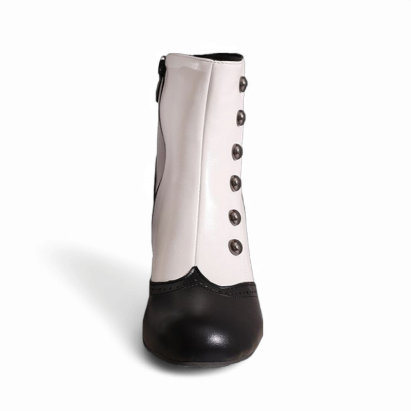 A close-up of the front part of a single Victorian-style ankle boot showing the rounded toe and black tip, placed on a white background.