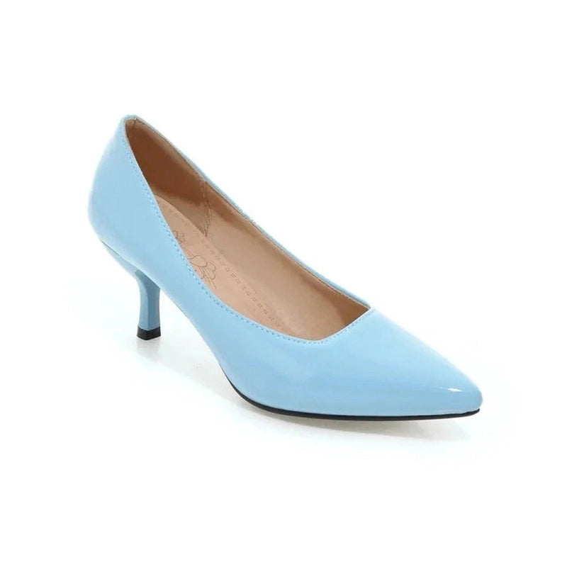 Glossy sky-blue kitten-heel pump with pointed toe, side view.
