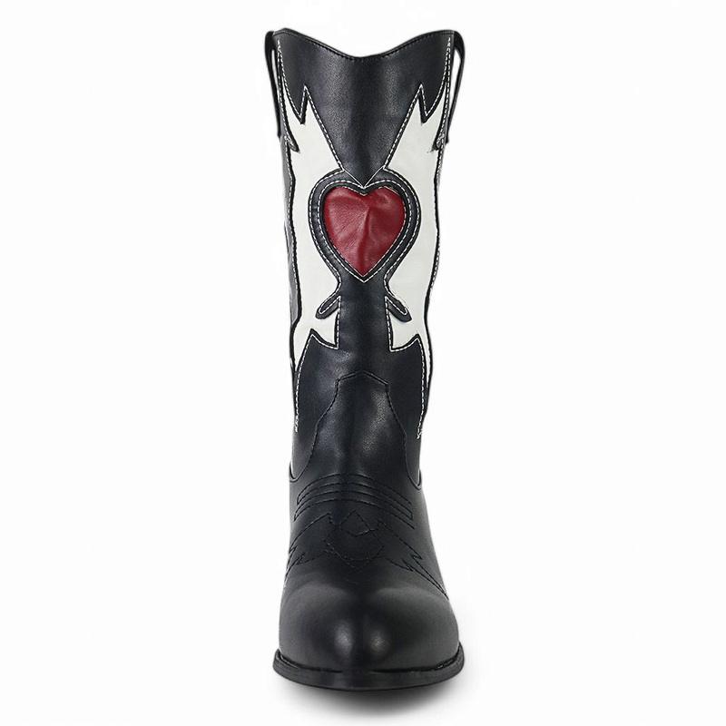 Front perspective highlighting red heart centered on black boot shaft.