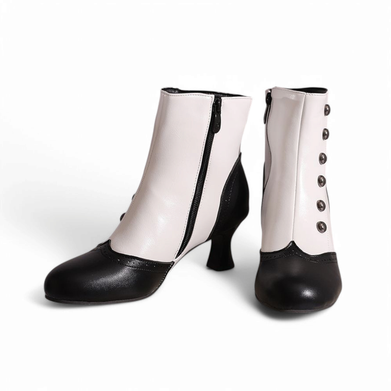 A front-facing image of two Victorian-style ankle boots in black and white, placed side by side on a white surface with rounded toes and decorative buttons.