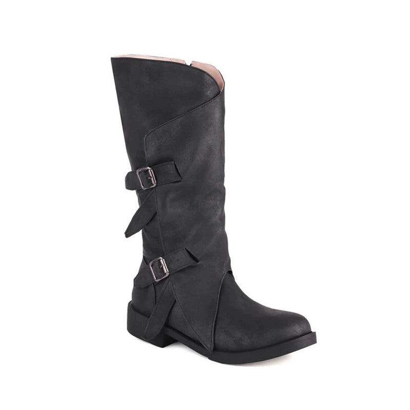 Knee-high black boot shown from the front, highlighting its sleek silhouette and wide opening