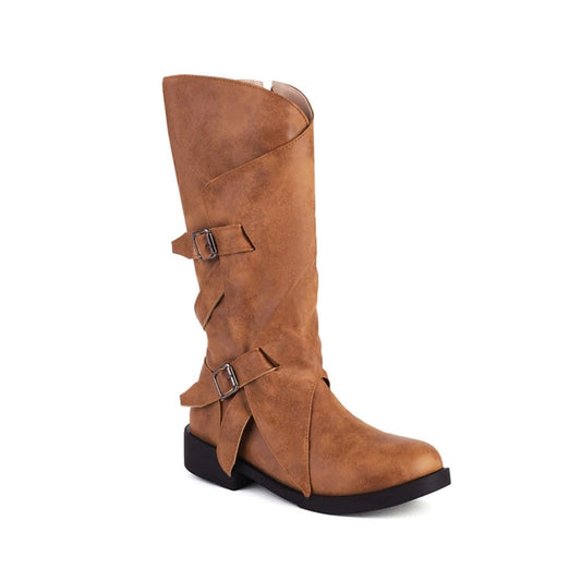 Knee-high brown boot shown from the front, highlighting its sleek silhouette and wide opening.