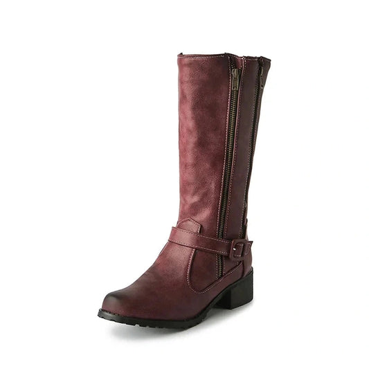 wine red mid-calf boot shown from the front, with soft round toe and clean shaft line