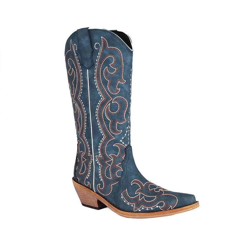 Product shot on white background highlighting embroidery and wood heel.

