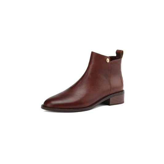 Full profile of smooth brown leather ankle boot with low heel