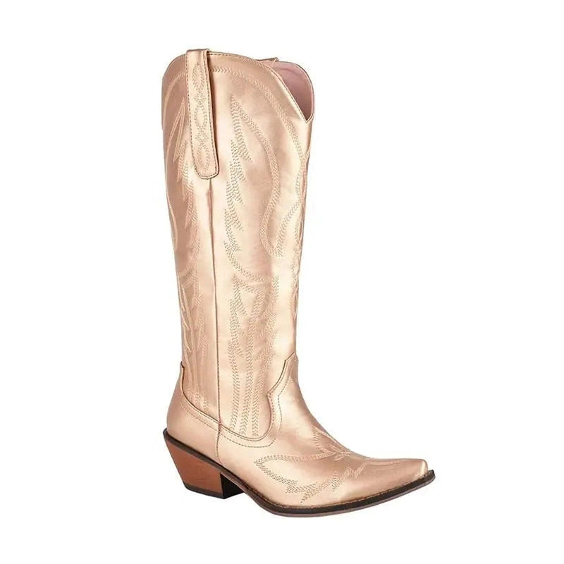 Side view of metallic Gold boot with western stitching and pull tab.
