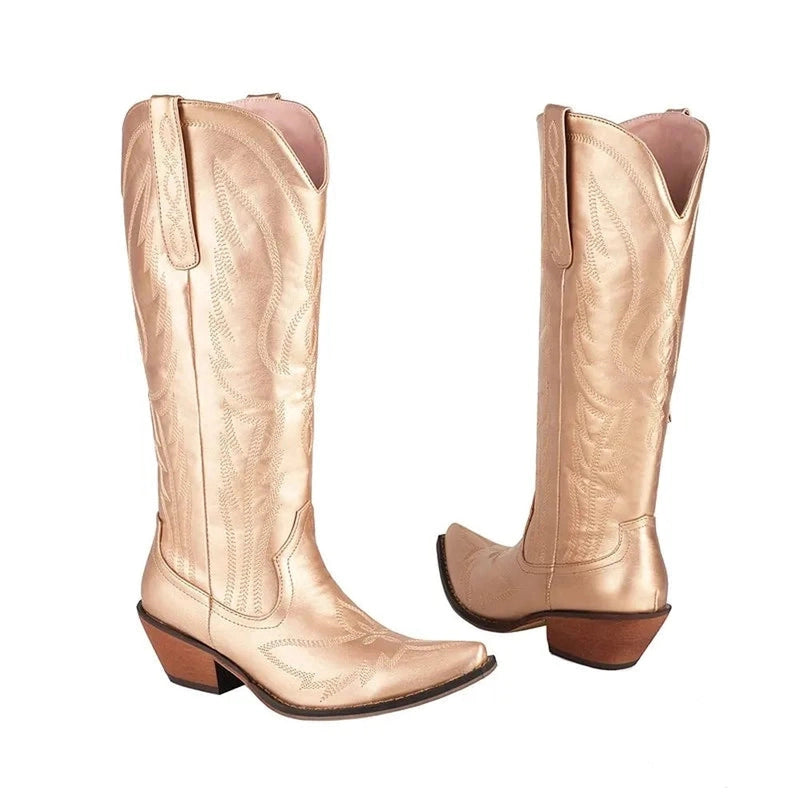 Front and back views of metallic gold western boots with embroidery and slanted heel.
