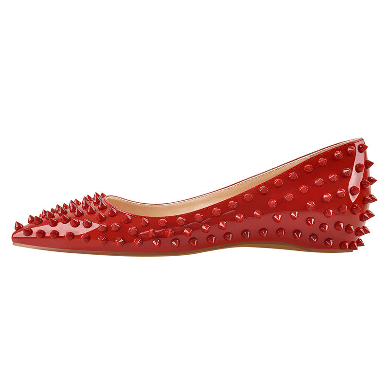 Glossy Red flat with evenly spaced silver studs on the side.