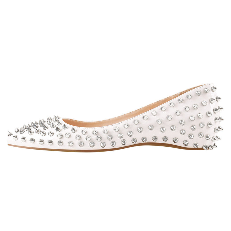Glossy white flat with evenly spaced silver studs on the side.