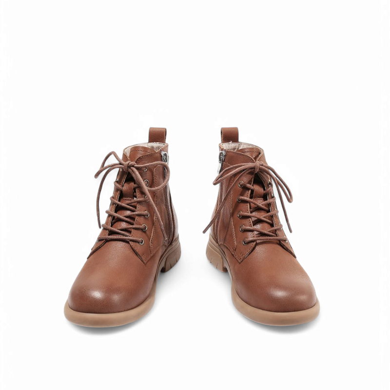 A pair of brown leather ankle boots with a mid heel, shown from a front angle.

