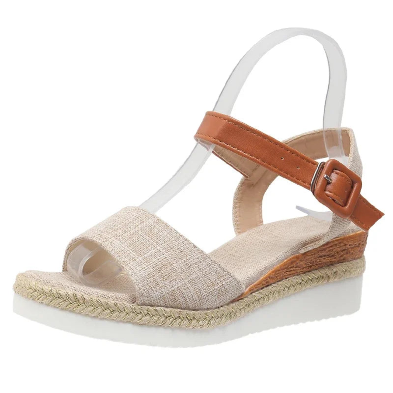 Beige linen-look forefoot band sandal on espadrille wedge