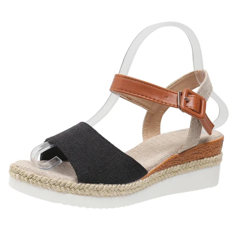 Black fabric forefoot band sandal, tan ankle buckle, white wedge outsole.
