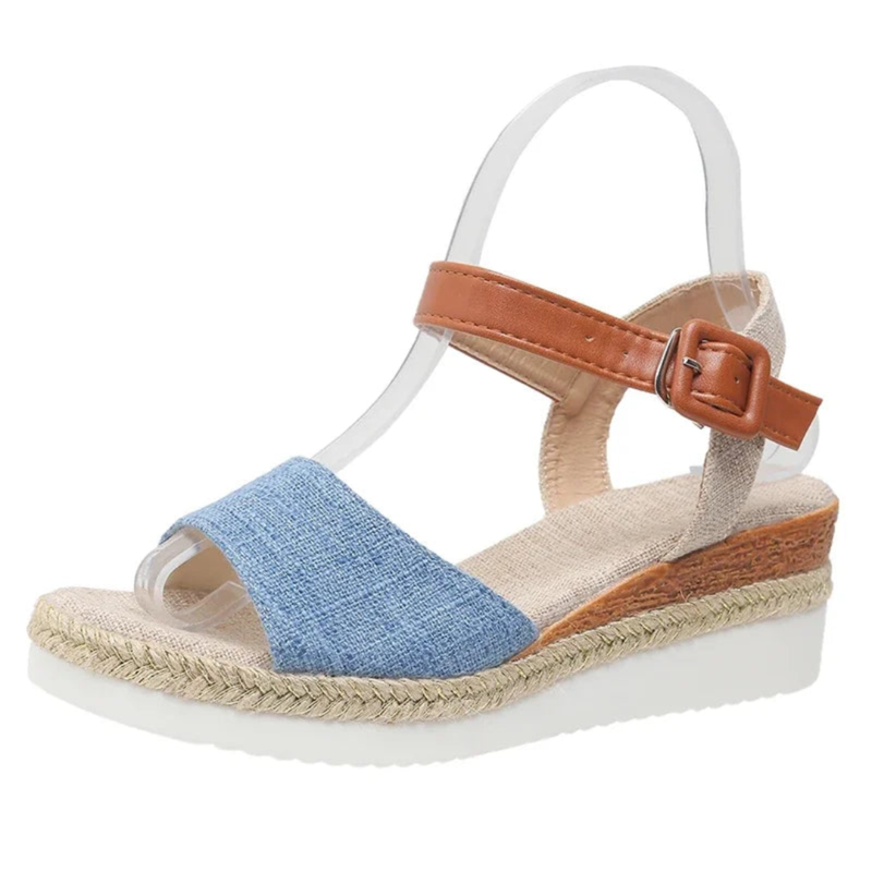 Blue-denim forefoot band sandal on low jute wedge with tan buckle strap	