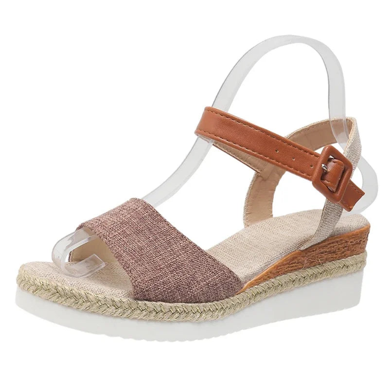 Brown fabric band sandal with tan ankle strap, rope-trimmed wedge