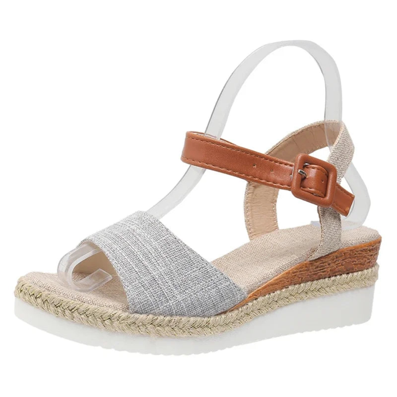 Light-grey fabric band sandal, tan buckle, low espadrille wedge