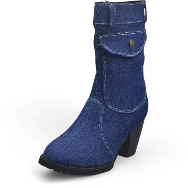 Deep indigo denim boot with mid-calf shaft and block heel.