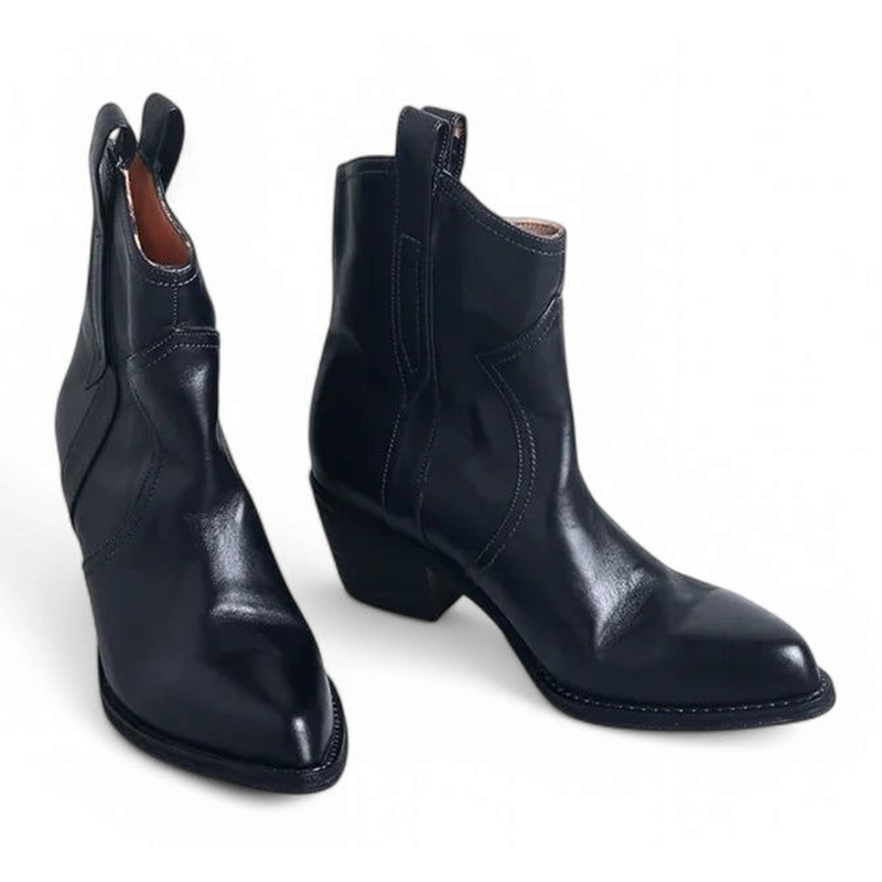 Dual-angle front view of Merendy Amar black leather ankle boots