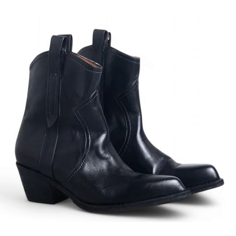Tilted pair of Merendy Amar black ankle boots showing full front design