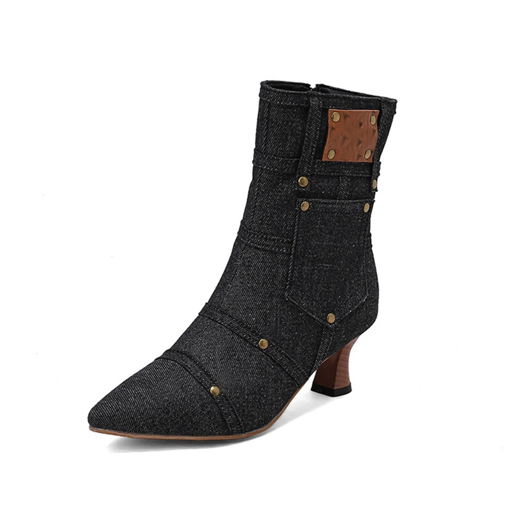 Merendy Hanona pointed toe wooden heels zip-up denim ankle boots Merendy Shoes