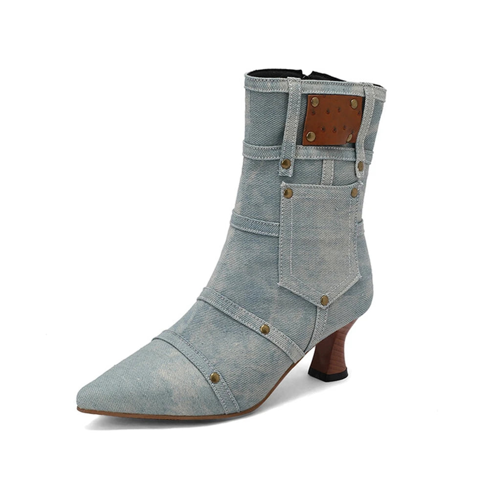 Merendy Hanona pointed toe wooden heels zip-up denim ankle boots Merendy Shoes