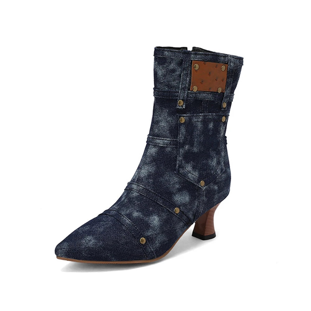Merendy Hanona pointed toe wooden heels zip-up denim ankle boots Merendy Shoes