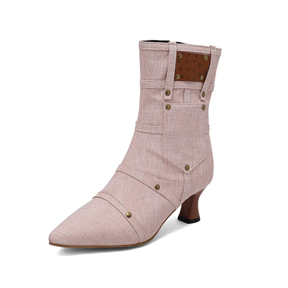 Merendy Hanona pointed toe wooden heels zip-up denim ankle boots Merendy Shoes