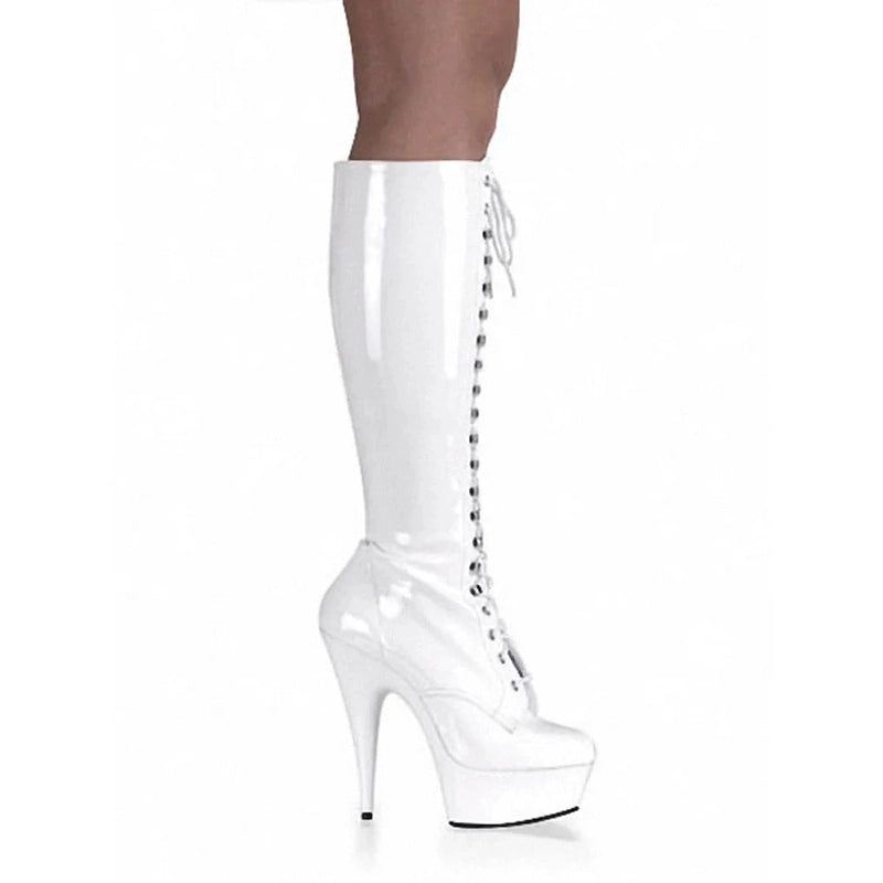 Merendy Roney Round Toe Tall Lace Up White Mid-Calf Boots Merendy Shoes