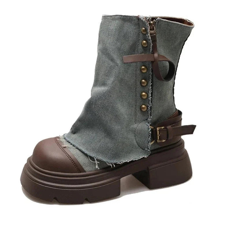 Single Green-denim boot with brown heel and round toe, clean white backdrop.