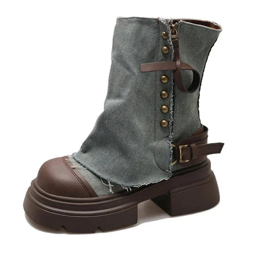 Single sage-denim boot with brown heel and round toe, clean white backdrop.