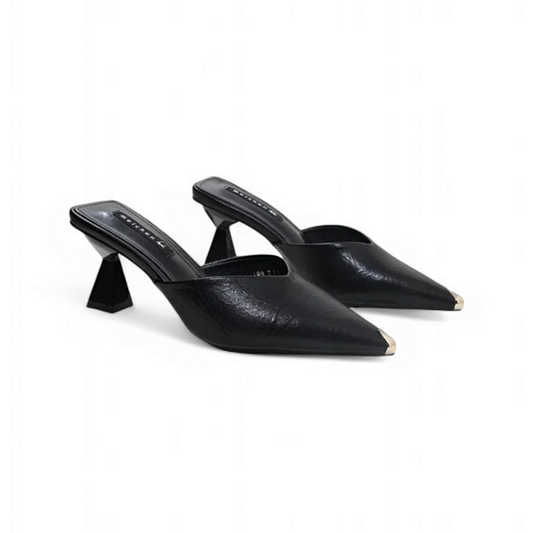 Black slides with pyramid heel shown in 3‑quarter side view highlighting heel and metal toe cap