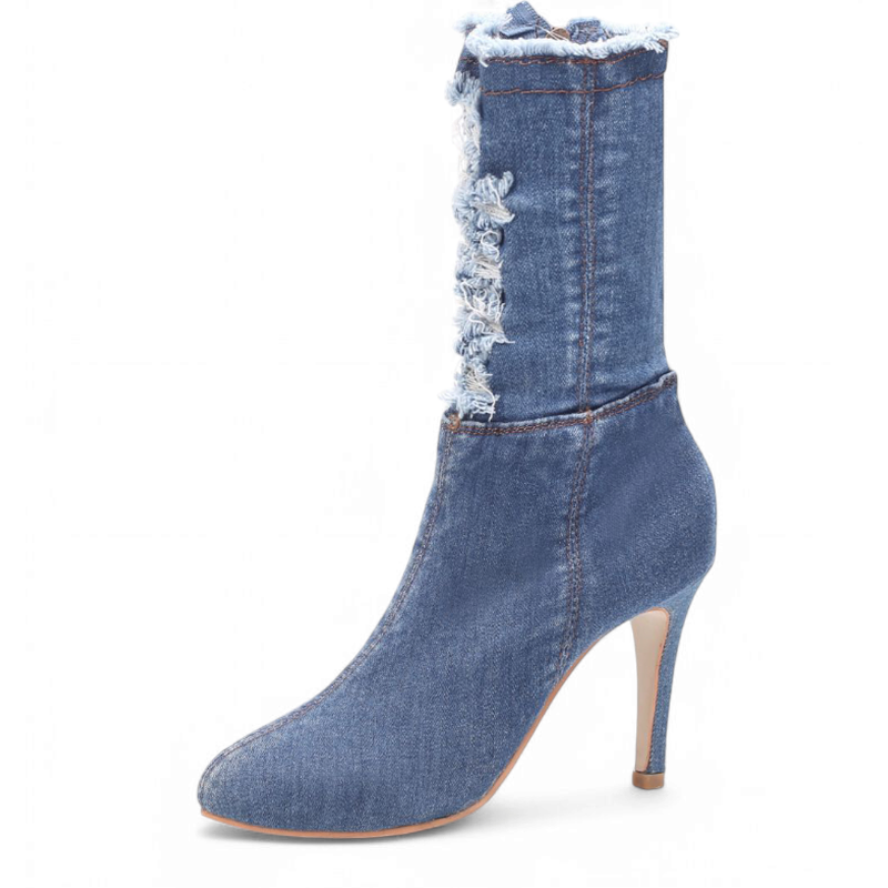 Light-blue denim boot with side zipper and stiletto heel, full side view.

