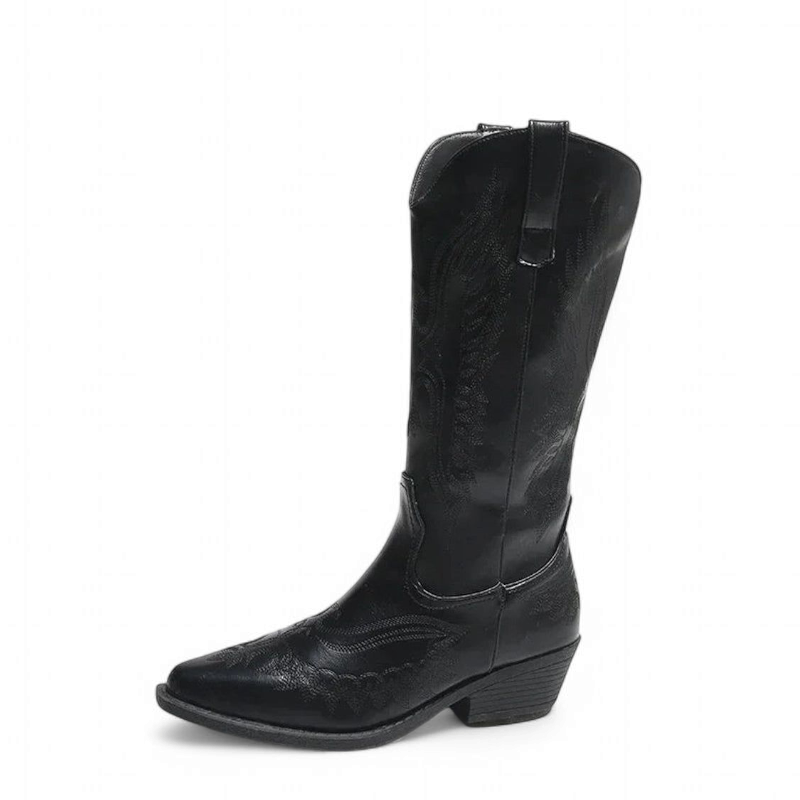 Single black boot with pull tab and mid block heel, visible shaft stitching.
