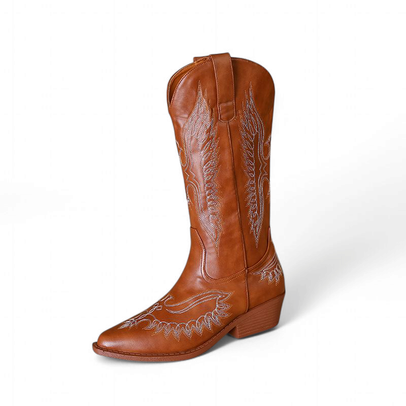 Standing brown boot showing pull tab and full embroidery.