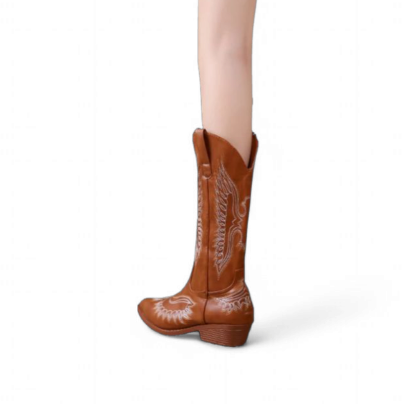 Chilly Days Brown cowboy boot with white embroidery on a white background

