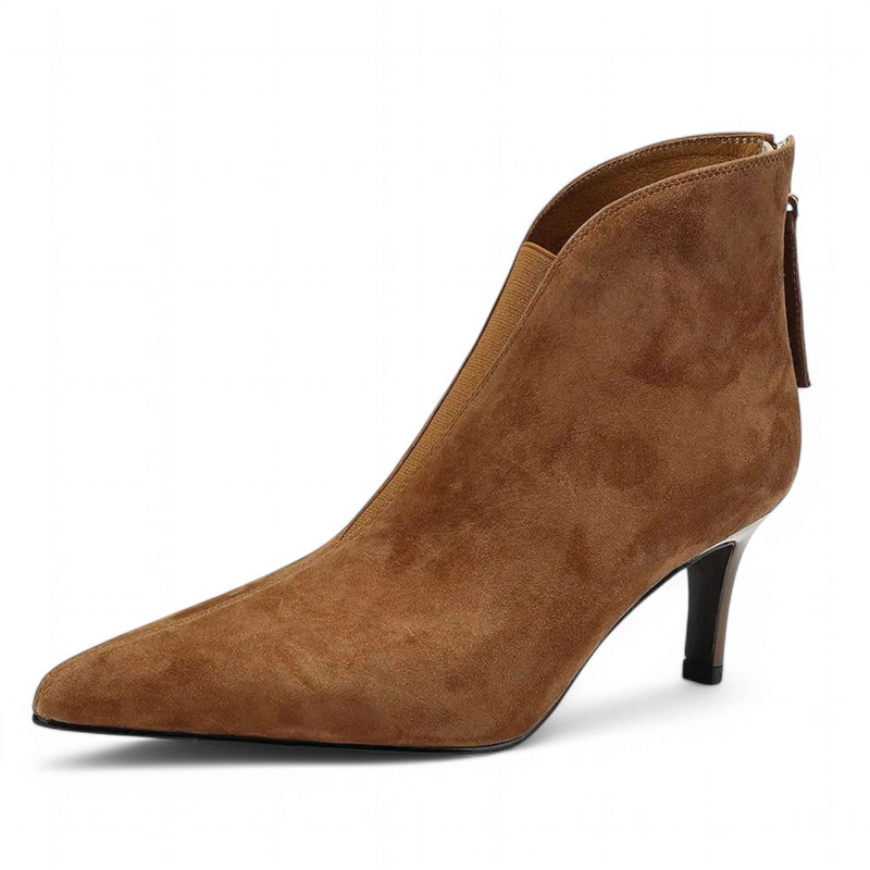 Single brown suede boot with pointed toe and slim heel on white background.

